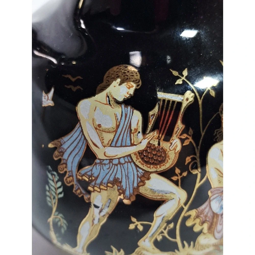 Vintage Greek Mythology Black Gold Amphora Vase‎ Double Handle Urn Harp Greece